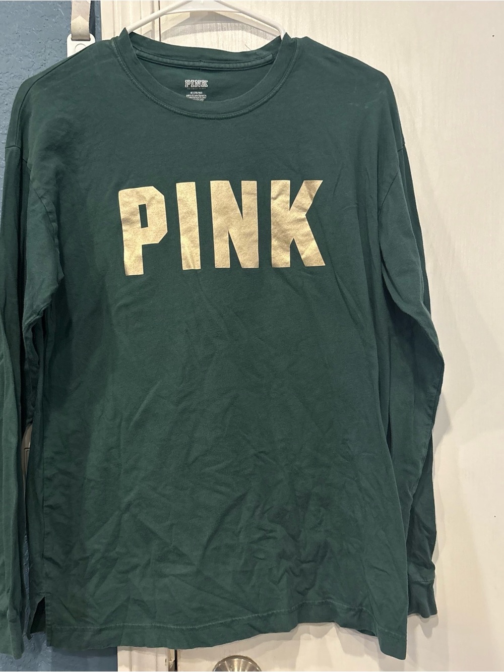 PINK Victoria's Secret Forest Green Long-Sleeve Tee with Gold Logo